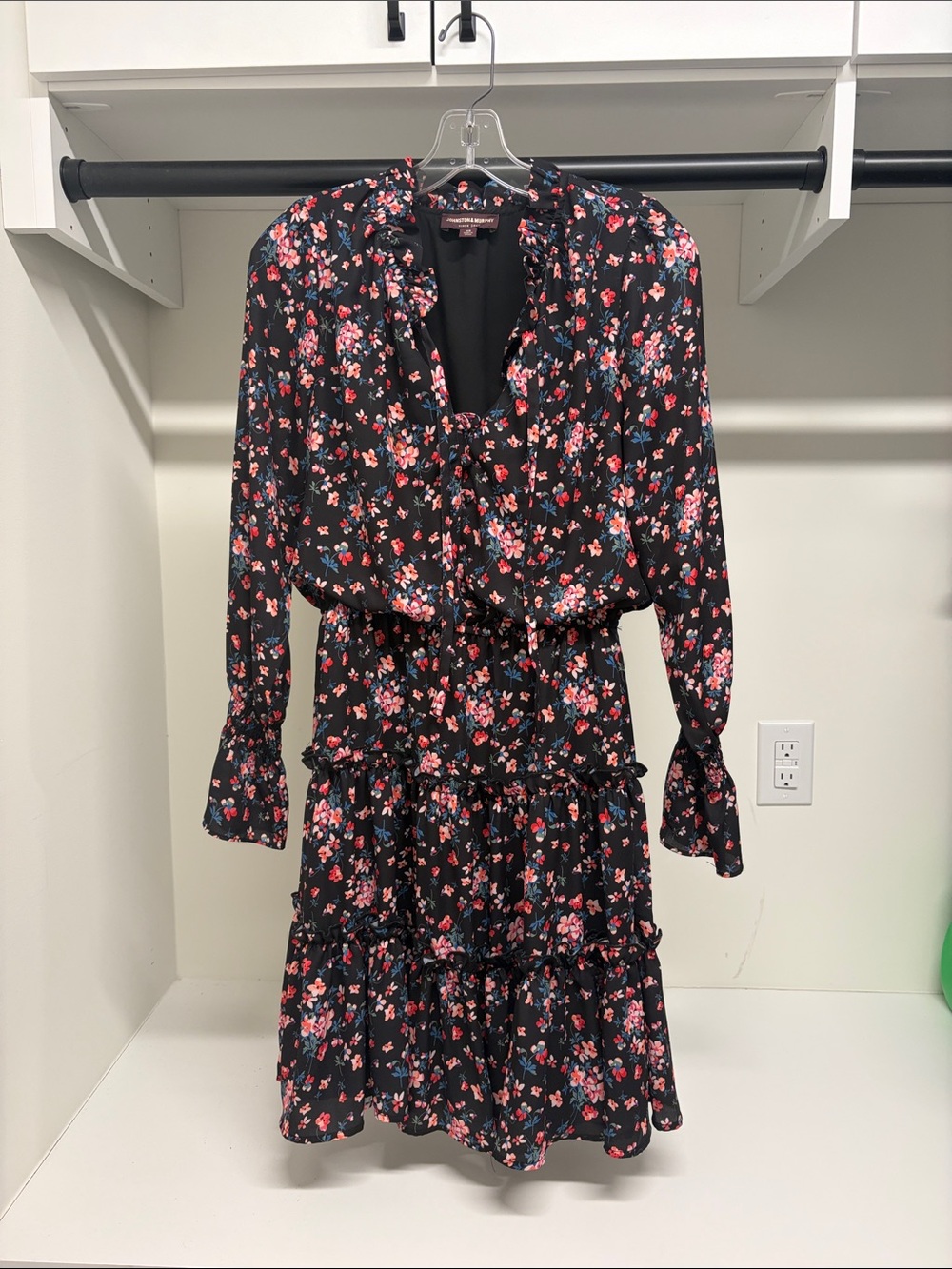 Johnston & Murphy Floral Ruffle Tiered Dress - Black with Pink Blossoms